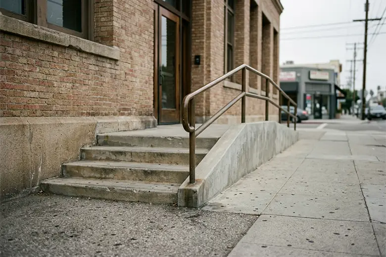 Is My Website ADA Compliant? An accessibility ramp running alongside concrete steps at a building entrance