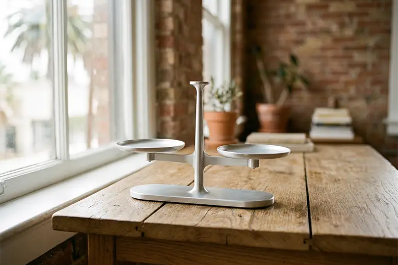 How Much Should Website Maintenance Cost? A clean modern balance scale resting on a light wooden desk in natural daylight