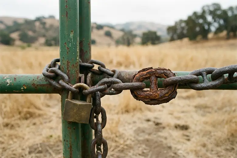 What Happens If You Don't Update WordPress Plugins? A heavy iron chain across a padlocked farm gate with one rusted, corroded link