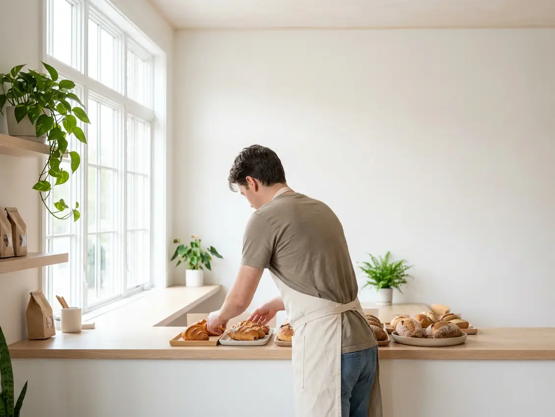 Shop owner setting out fresh bread on a sunlit counter
