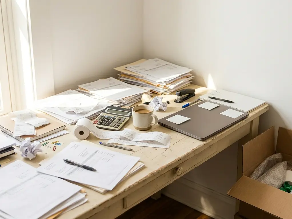 A small business owner's desk piled with paperwork beside a closed laptop