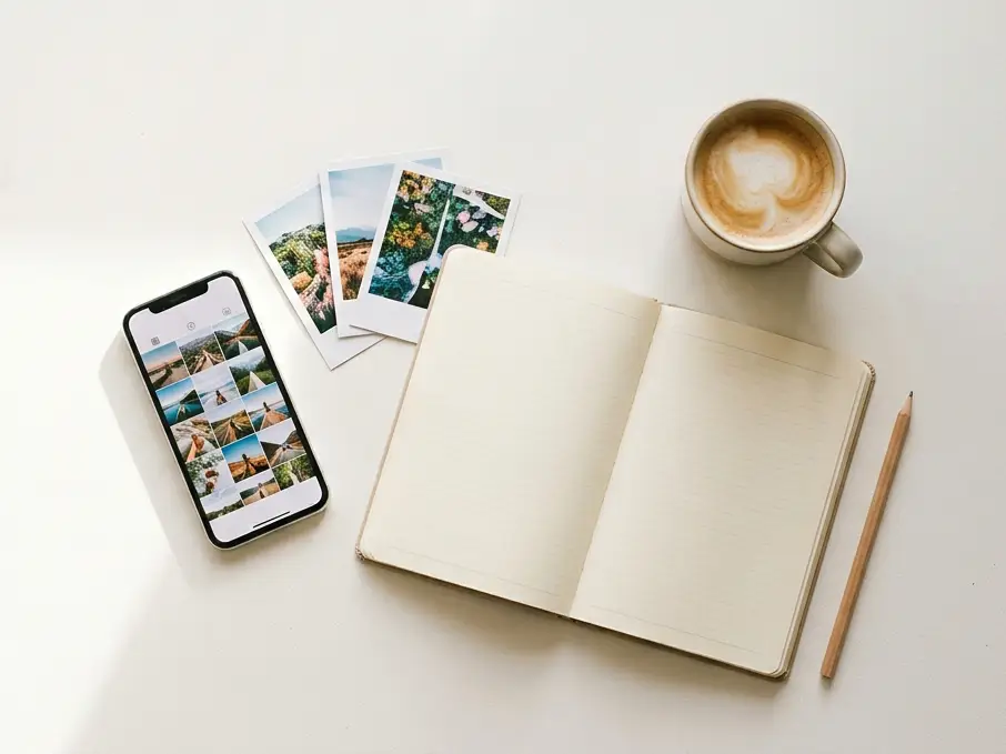 A phone, printed photos and a notebook laid out on a desk